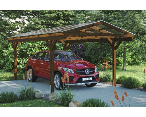 Einzelcarport SKAN HOLZ Westerwald inkl. Pfostenanker 362 x 648 cm nussbaum Carport aus Holz mit einem Auto darunter im Garten.