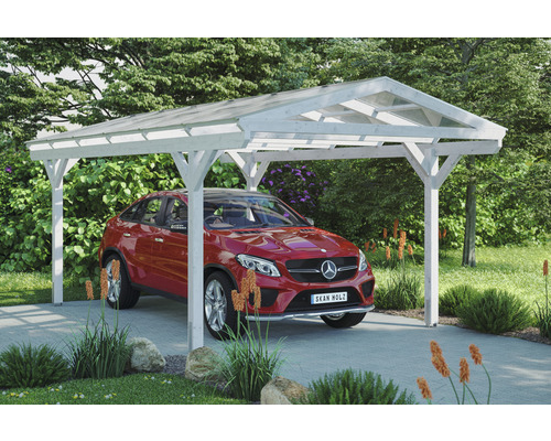 Auto unter einem weißen Holzcarport mit transparentem Dach