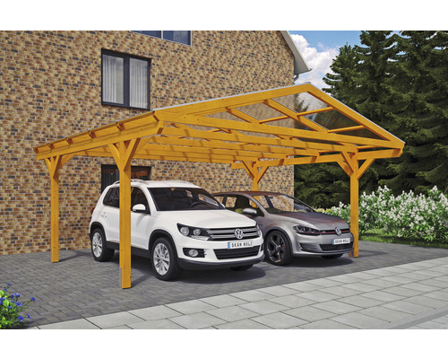 Doppelcarport aus Holz mit zwei Autos