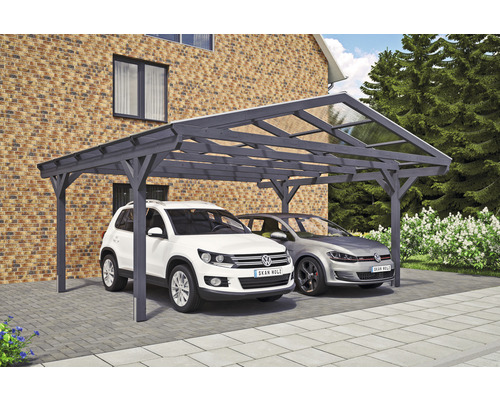 Doppelcarport SKAN HOLZ Westerwald inkl. Pfostenanker 570 x 541 cm schiefer Doppelcarport aus Holz mit zwei parkenden Autos