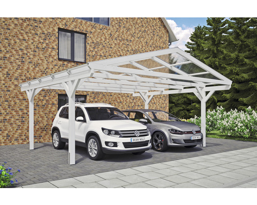 Weißer Doppelcarport aus Holz mit zwei geparkten Autos