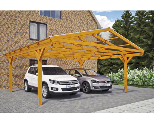 Doppelcarport SKAN HOLZ Westerwald inkl. Pfostenanker 570 x 648 cm eiche hell Doppelcarport aus Holz mit zwei parkenden Autos