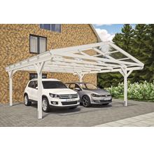 Doppelcarport aus Holz mit zwei geparkten Autos
