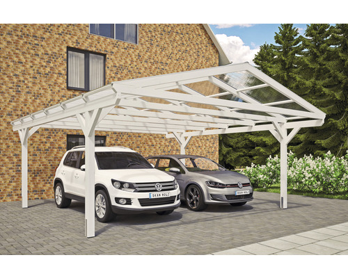 Doppelcarport aus Holz mit zwei geparkten Autos