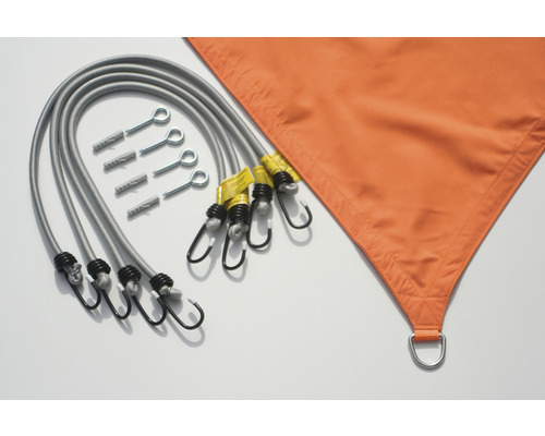 Montage-Set für Sonnensegel mit Spanngurten, Haken, Schrauben und Dübeln sowie dreieckiges Sonnensegel