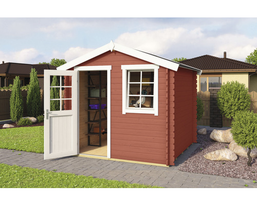 Gartenhaus Outdoor Life Wels inkl. Fenster Fußboden 230 x 230 cm schwedischrot Holzgartenhaus mit geöffneter Tür und Fenster für die Gartenaufbewahrung