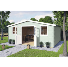 Gartenhaus mit geöffneten Doppeltüren, Fenstern und Gartengestaltung