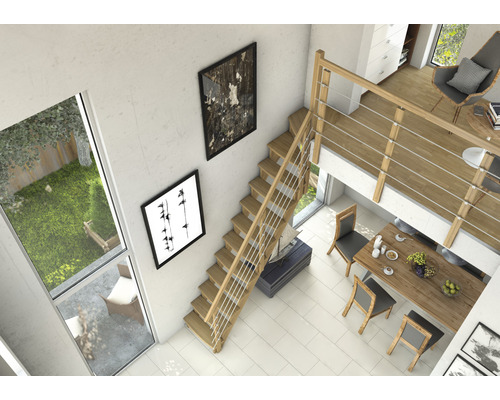 Helle und moderne Wohnung mit Holztreppe, Esstisch und Dekorationen