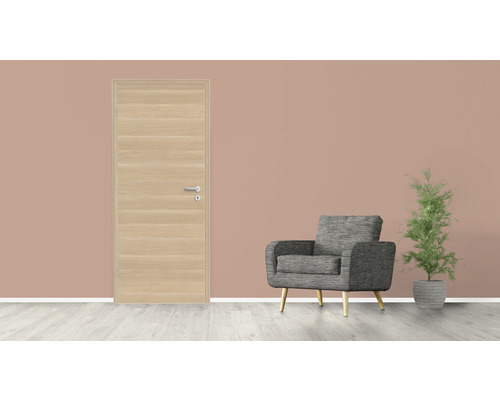 Helle Holztür mit Türdrücker in einem Raum mit Sessel und Zimmerpflanze