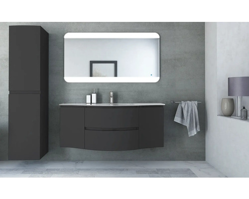 Modernes Badezimmer mit Waschbeckenunterschrank, Spiegelschrank und Hochschrank für ein stilvolles Ambiente