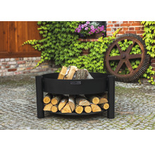 Feuerschale aus Stahl mit Holzablage und Holz