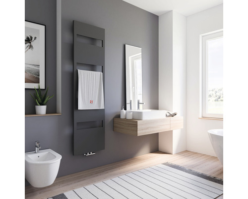 Designheizkörper Schulte Turin 1703x505 mm anthrazit matt mit Mittelanschluss Modernes Badezimmer mit Handtuchwärmer, Waschbecken, Spiegel und Bidet.