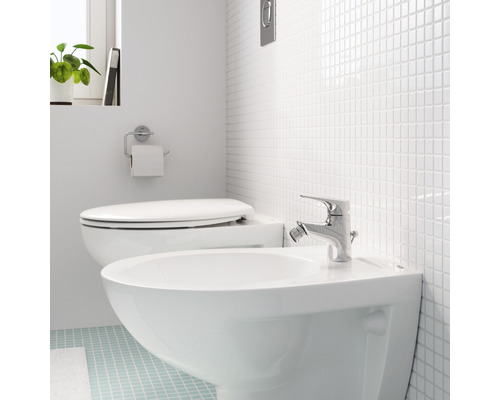 Helles Badezimmer mit Toilette, Bidet und Armatur.
