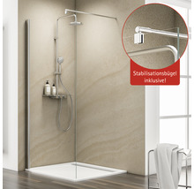 Eckdusche mit Duschwanne, Duscharmatur und inklusivem Stabilisationsbügel.