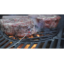 Zwei Steaks werden auf einem Grill mit einem Temperaturfühler gegrillt