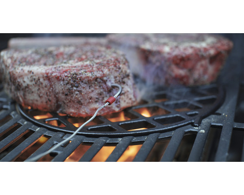 Zwei Steaks werden auf einem Grill mit einem Temperaturfühler gegrillt