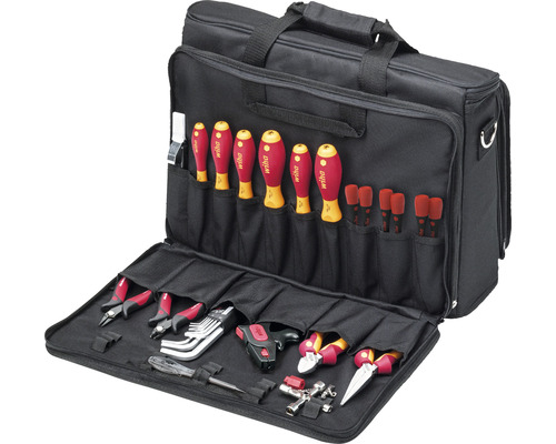 Werkzeugtasche für Techniker / Elektriker / Monteur 29-tlg., bestückt, grau Geöffnete Werkzeugtasche mit diversen Werkzeugen wie Schraubendreher, Zangen und Inbusschlüssel.