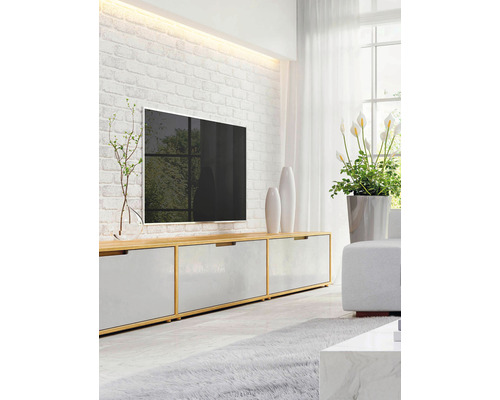 Wohnzimmer mit Fernseher, Kommode und Pflanzen für eine helle und organisierte Atmosphäre