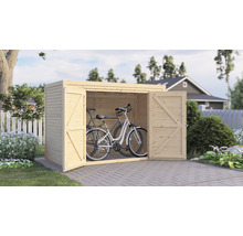 Holzfahrradschuppen mit zwei Fahrrädern und geöffneten Türen