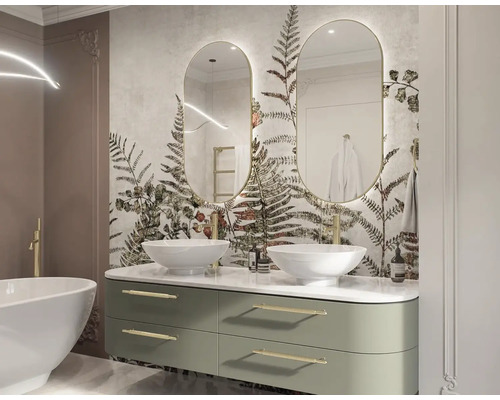 Modernes Badezimmer mit Doppelwaschtisch, Spiegeln, botanischer Tapete und freistehender Badewanne.