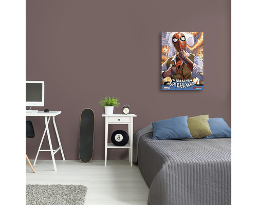 Dekoration eines Raumes mit einem Spiderman Wandbild über einem Bett.