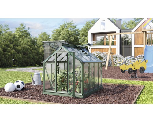 Gewächshaus mit geöffneter Tür und Pflanzen im Garten