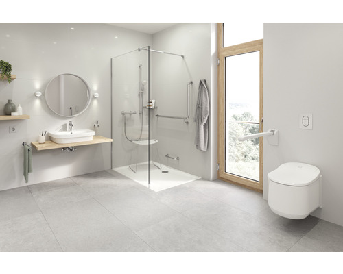 Barrierefreies Badezimmer mit Dusche, Toilette, Waschbecken und Haltegriffen