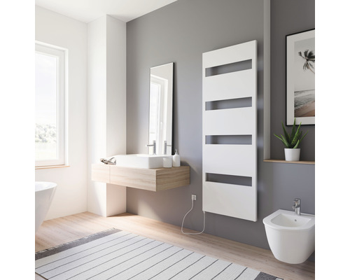 Elektrischer Handtuchwärmer SCHULTE Turin Heizstab links 60,5 x 170,3 cm 600 W mit Schukostecker weiß Badezimmer mit Waschtisch, Spiegel, Handtuchwärmer und Bidet