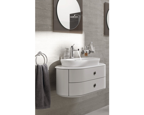 Modernes Badezimmer mit Waschtischunterschrank, Aufsatzwaschbecken und Spiegel