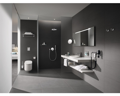Modernes Badezimmer mit Toilette, Dusche, Waschtisch und Spiegel