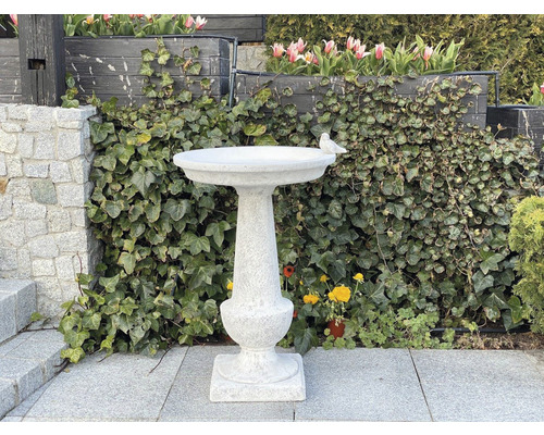 Vogeltränke aus Stein mit Vogel-Dekoration im Garten.