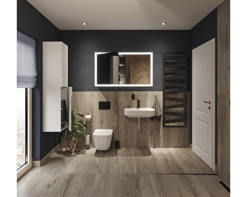 Modernes Badezimmer mit Waschtisch, Toilette, Handtuchheizkörper und Spiegel