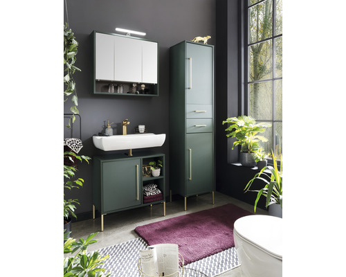 Modernes Badezimmer mit Waschbecken, Spiegelschrank und Hochschrank in dunklem Grün