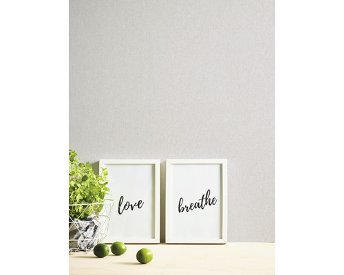 Dekorative Szene mit zwei gerahmten Postern, die ''Liebe'' und ''Atmen'' zeigen, einer Pflanze und Limetten