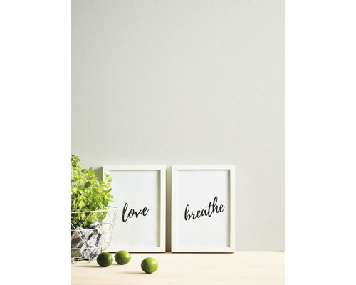 Dekorative Bilderrahmen mit den Aufschriften Liebe und Atmen, zusammen mit einer Pflanze und Limetten auf einem Tisch.