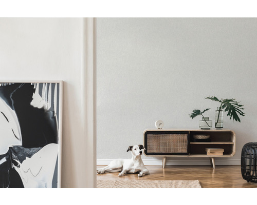 Wohnzimmer mit Holzkommode, Dekoration und Hund