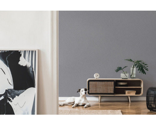 Wohnzimmer mit grauer Wand, Kommode und Hund