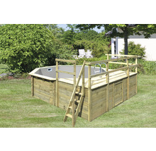 Aufbaubecken aus Holz mit Leiter und Plattform im Garten