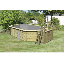 Holzpool mit Leiter und Aufbewahrungsbox im Garten