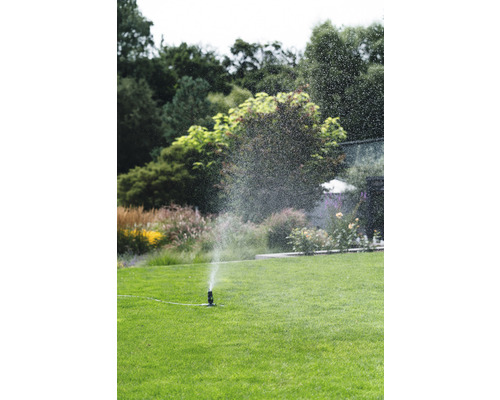 Gartenszene mit Rasensprenger, der eine Grünfläche bewässert