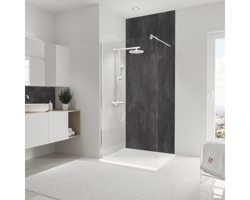 Duschrückwand Schulte Decodesign 2550x1000x3 mm Dekor Stein Schiefer Modernes Badezimmer mit Duschkabine, Waschbecken und Badmöbeln in hellem Design