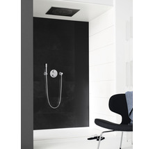 Badezimmer mit Duschkopf, Handbrause und schwarzer Wand