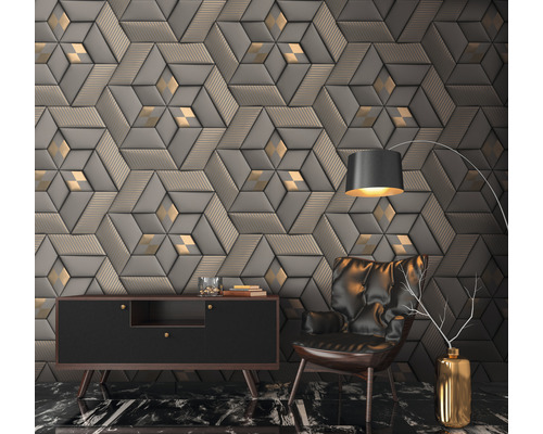 Wohnzimmer mit dreidimensionaler Wandverkleidung, Sideboard, Sessel und Stehlampe