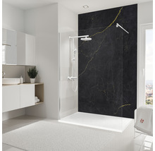 Modernes Badezimmer mit Dusche, Waschtisch und schwarzer Marmorwand