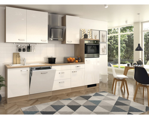 Küchenblock Flex Well Valero 12068 weiß glänzend/Sonoma Eiche 280 cm inkl. Einbaugeräte