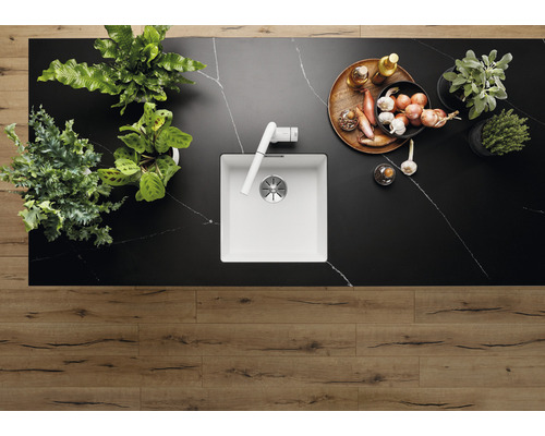 Küchenszene mit Spüle, Armatur, Kräutern und Gemüse auf einer Arbeitsplatte