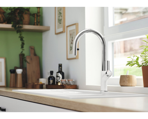 Küchenszene mit Spüle, Armatur und Dekoration