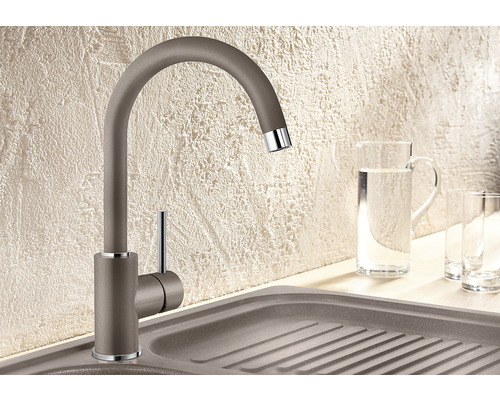 Küchenarmatur aus Metall mit hohem Auslauf neben Spüle und Gläsern