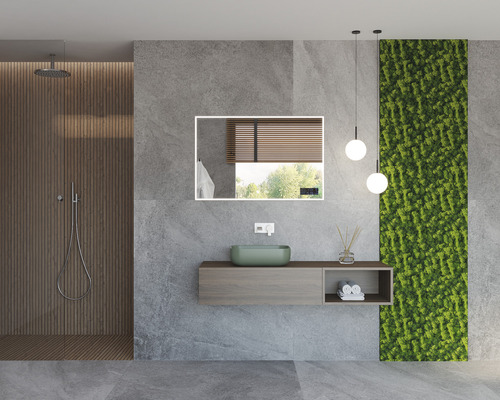 Modernes Badezimmer mit Dusche, Waschtisch und Spiegel