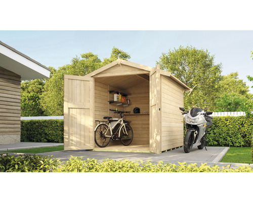 Holzgartenhaus mit geöffneten Türen, Motorrad und Fahrrad